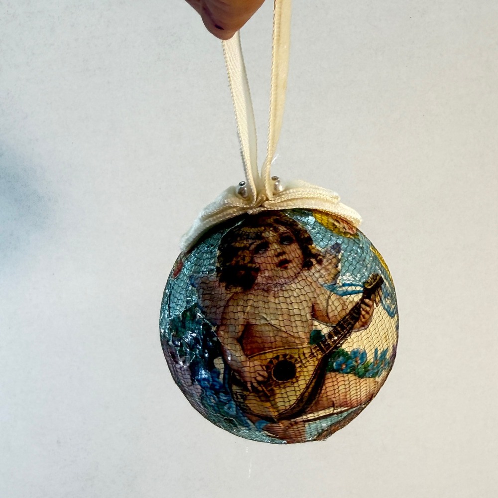 Christmas Ornament Blue Victorian Angel Cherub Foil Netting Handmade Vintage